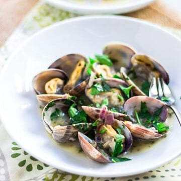 Spanish steamed clams in green sauce with sautéed onion, white wine and fresh green herbs.