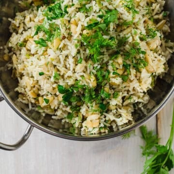 Greek rice pilaf with orzo and fresh dill.