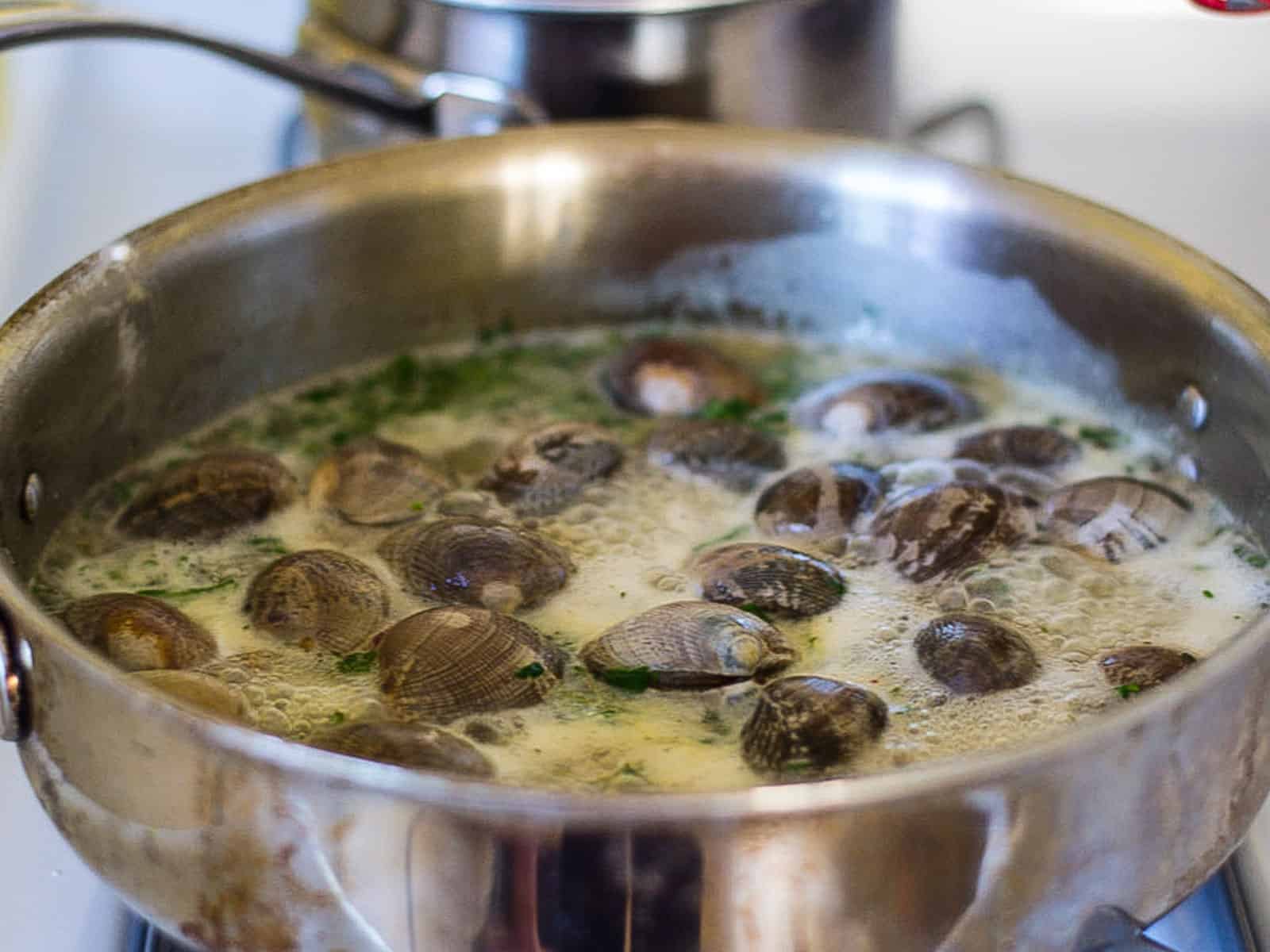Steam clams in the salsa verde until they just open.