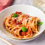 Creamy and easy tomato mascarpone sauce with parmesan and fresh basil.