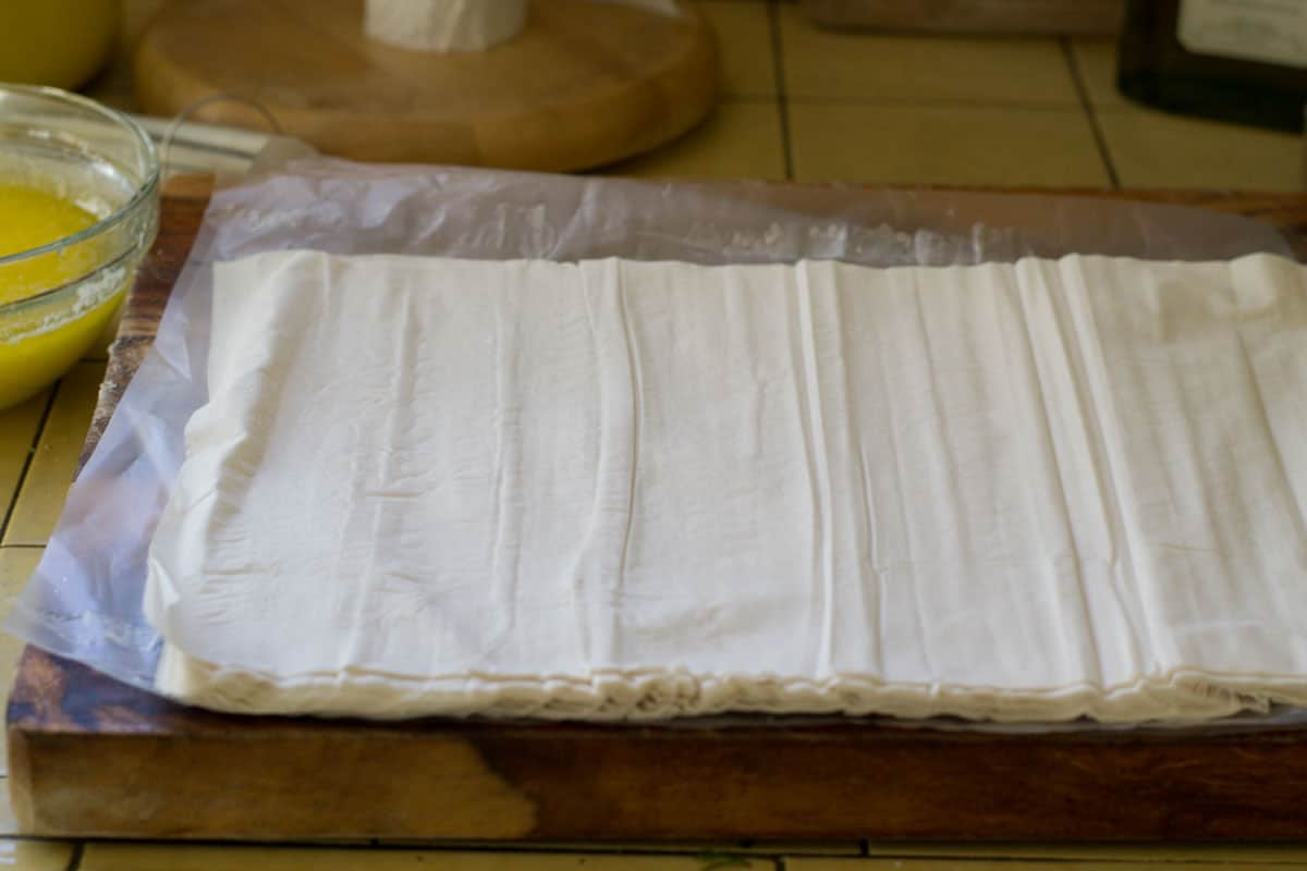 Unroll the thawed phyllo sheets.