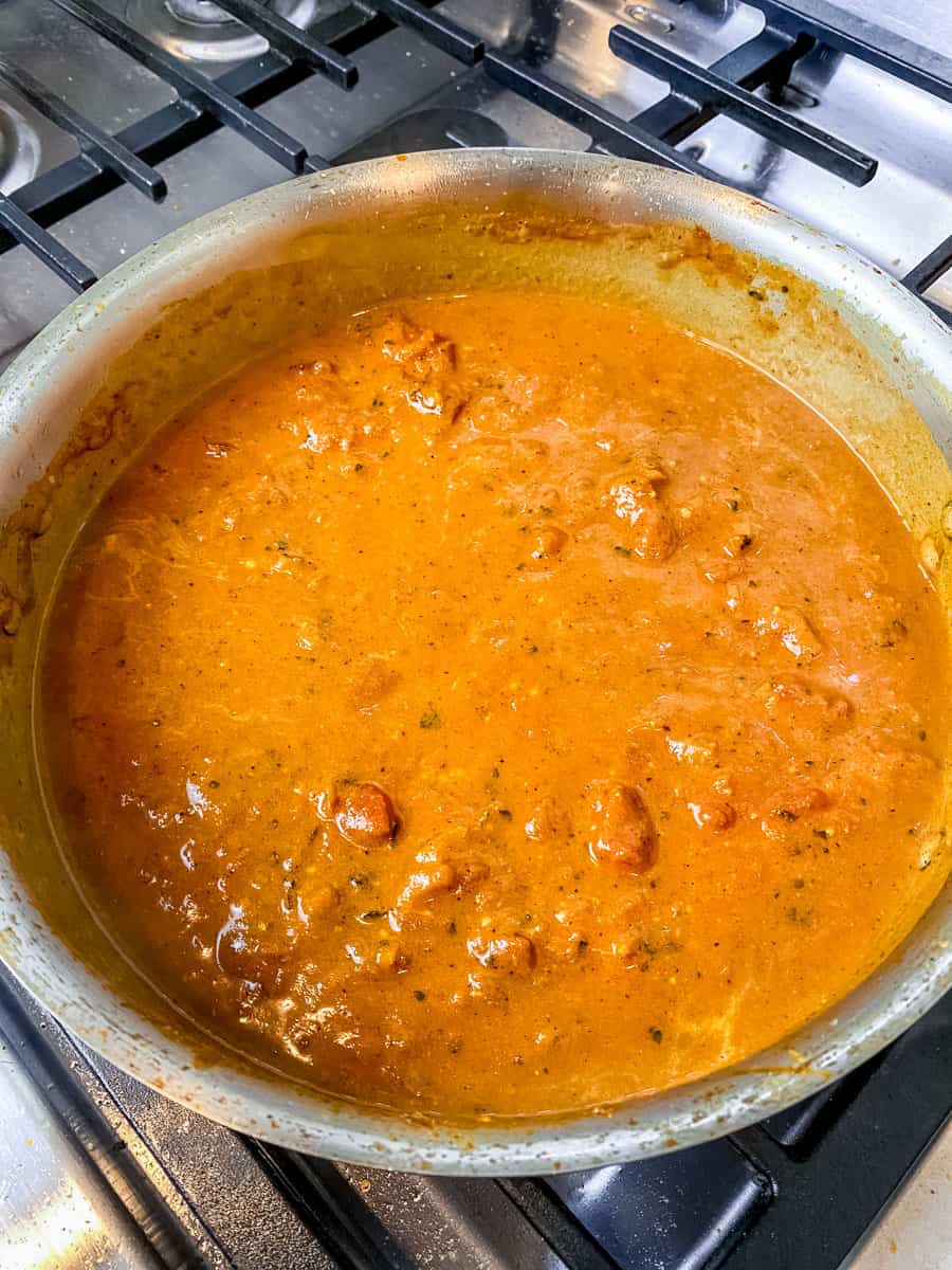 Once you add the coconut milk to the masala sauce, simmer for 5 minutes so the flavors come together.