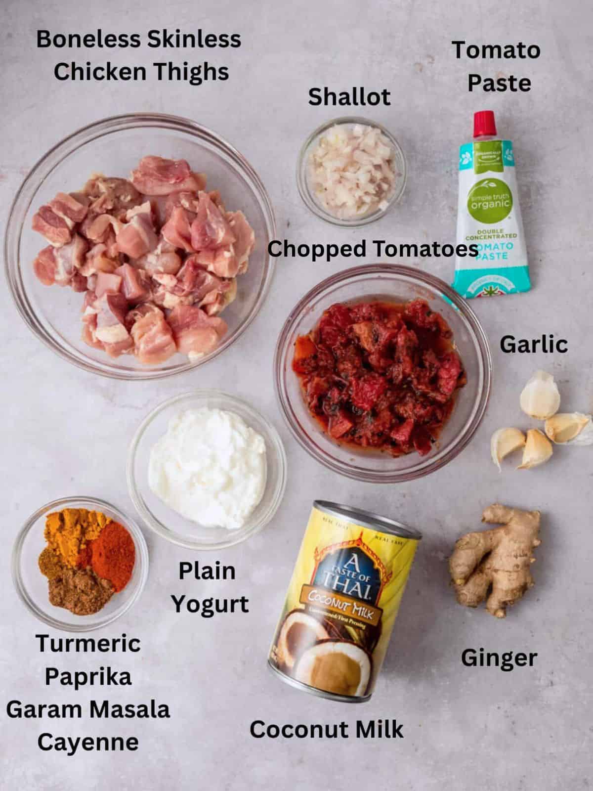 Ingredients for chicken tikka masala with coconut milk.