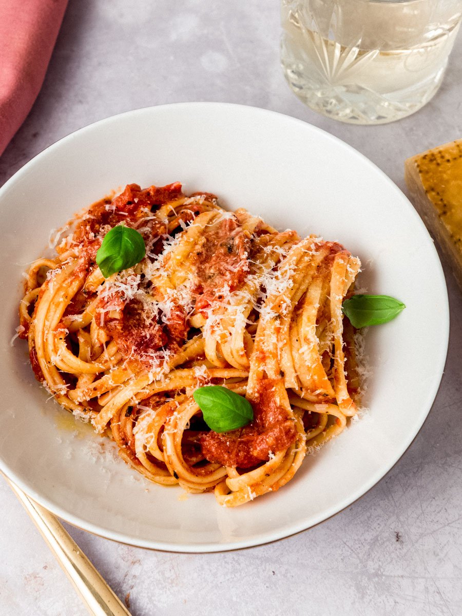 Simple creamy tomato mascarpone sauce with pasta.