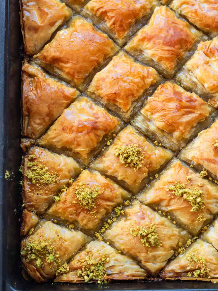Homemade Turkish baklava with pistachios and orange syrup.