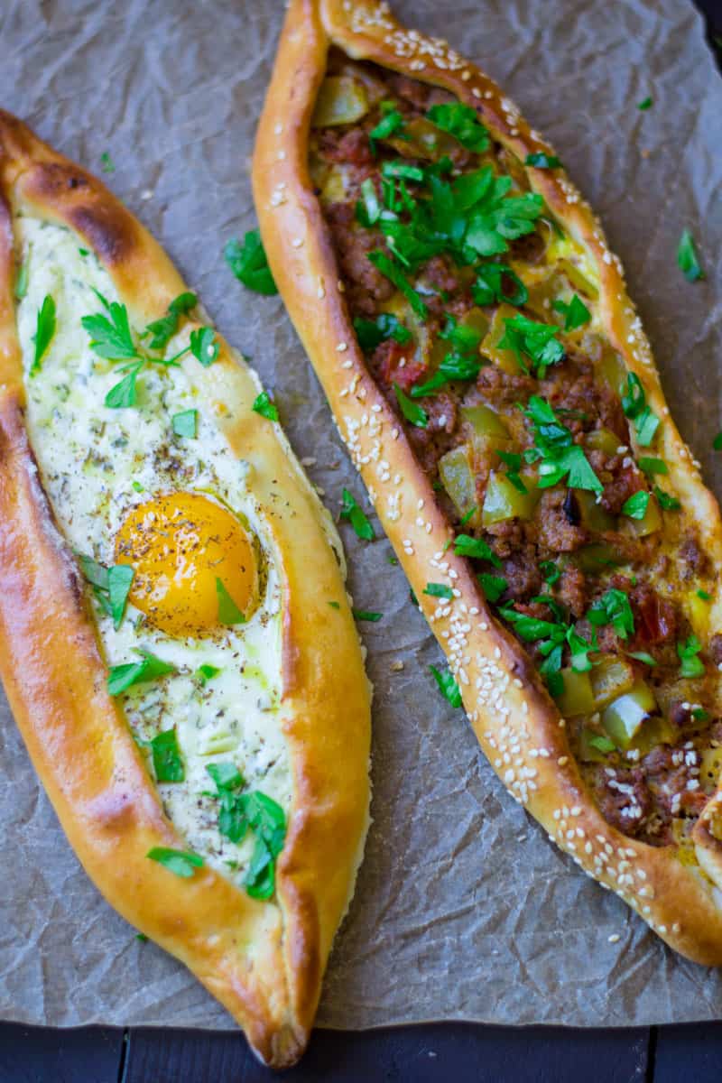 Turkish pide is a savory Turkish flatbread that is stuffed with different fillings, such as cheese and egg and another with ground beef, peppers and spices.