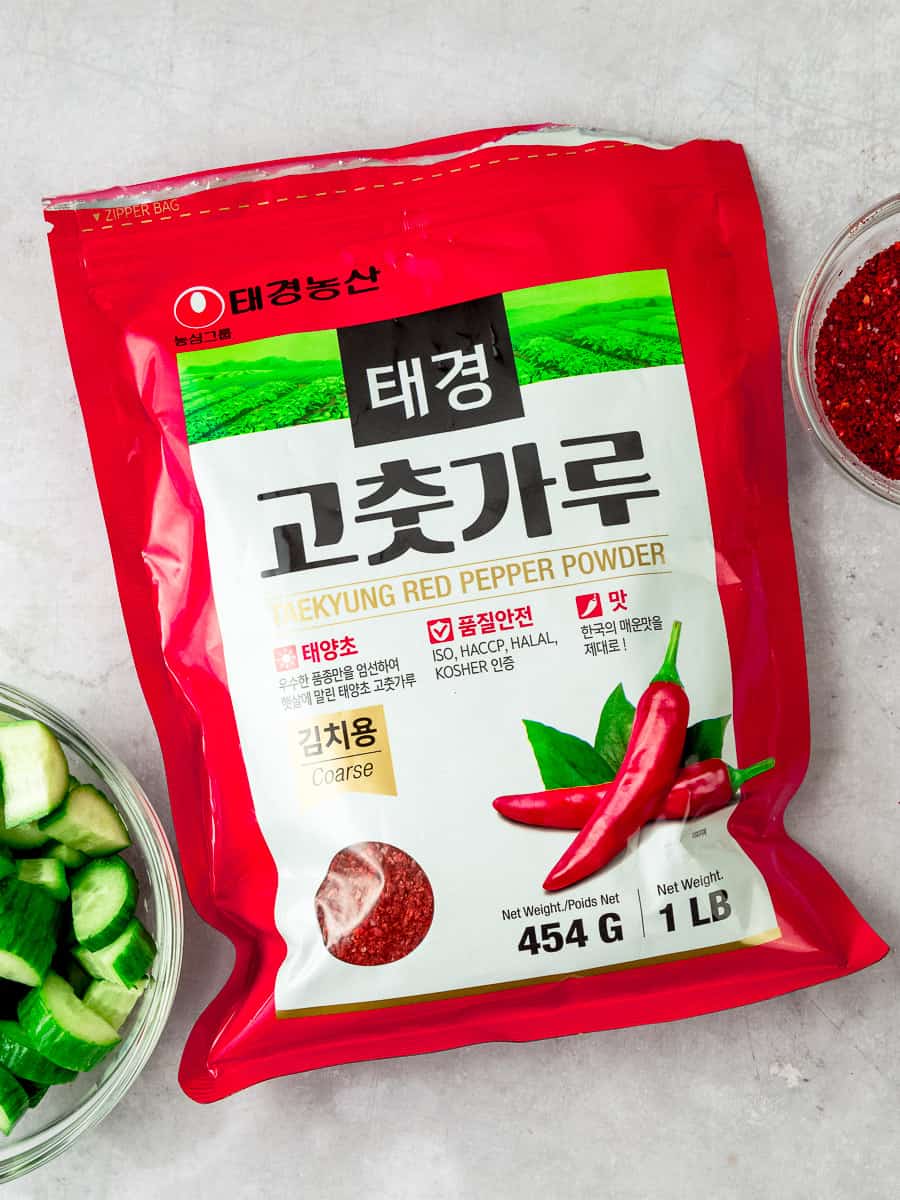 Bag of Korean red pepper also called gochugaru.