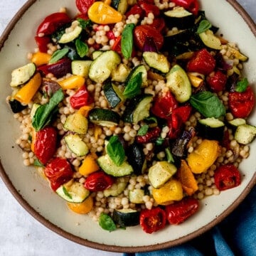 Pearled couscous with colorful roasted vegetables.