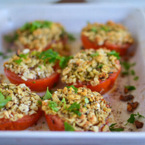 Bake the stuffed tomatoes provencal until the topping is a light golden brown.