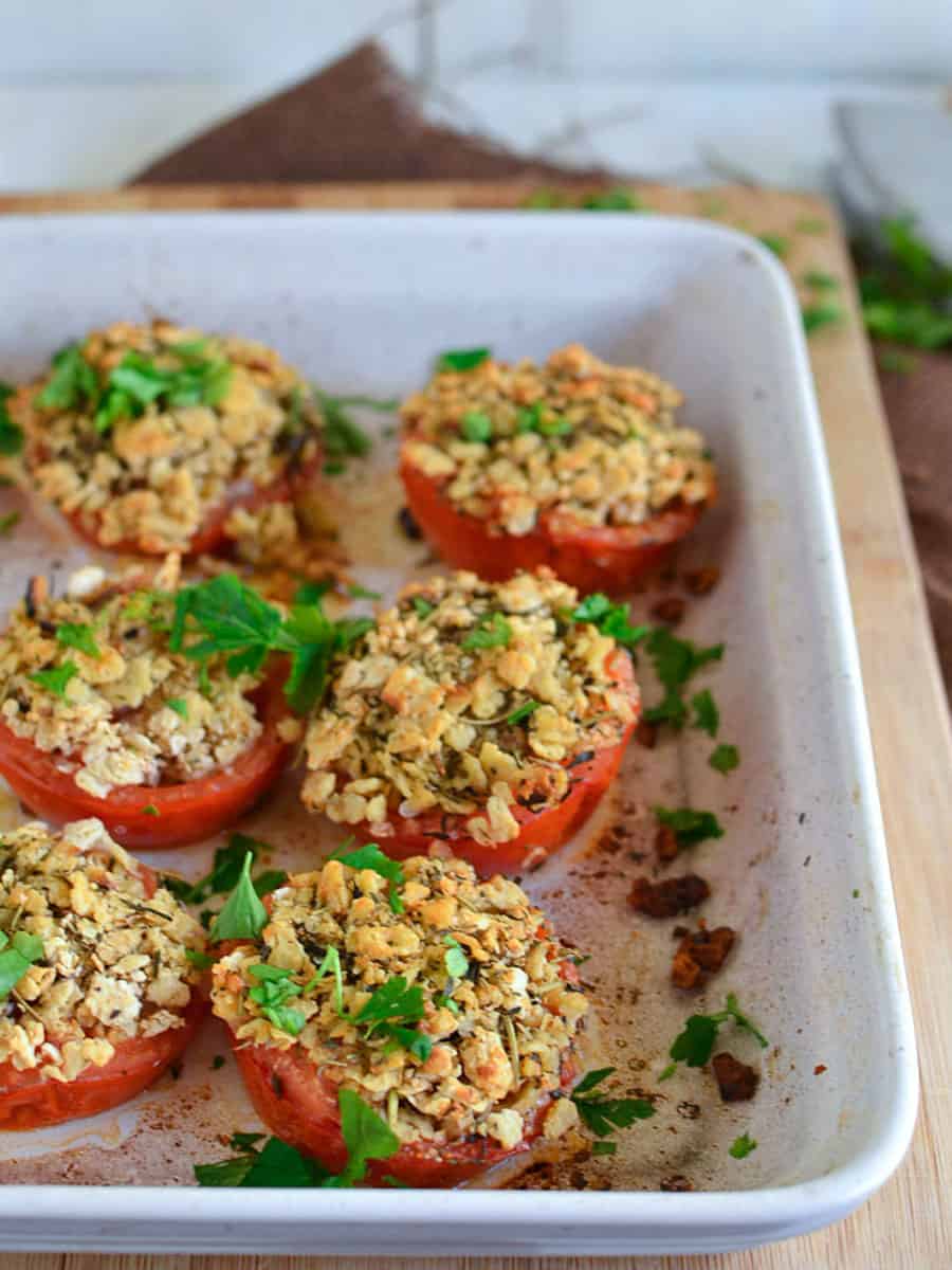Stuffed tomatoes provencal with herbs de Provence and grated Parmesan.