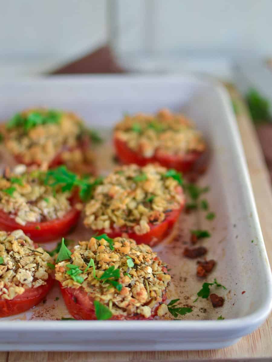 Tomatoes provencal stuffed with a breadcrumb and parmesan mixture.
