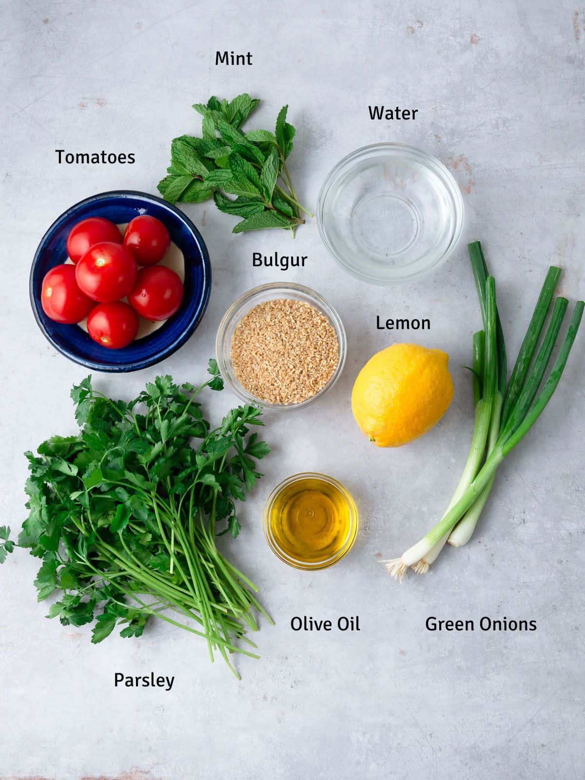 Ingredients for tabbouleh salad, including fine bulgur, green onions and fresh mint.