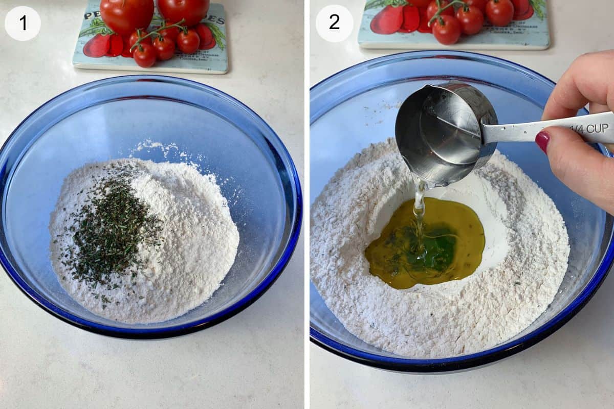 Add chopped herbs, baking powder and liquid ingredients to the flour.