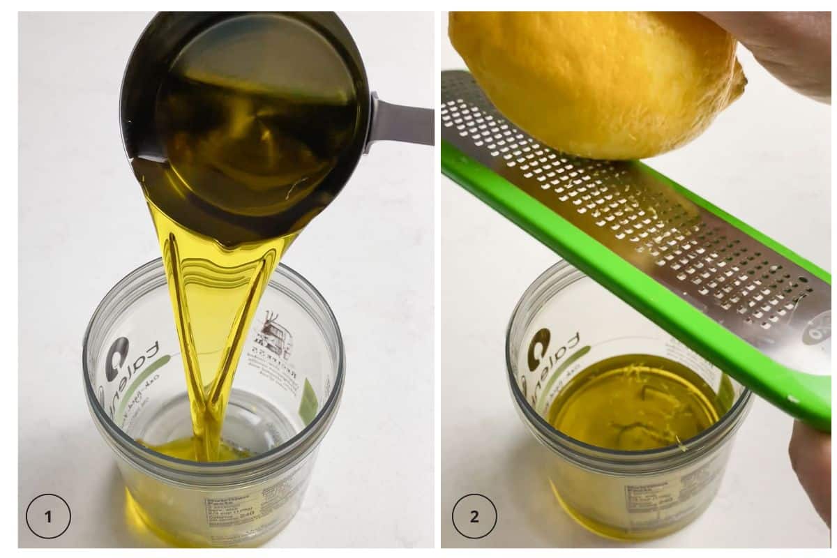 Add olive oil to a resealable jar and lemon zest and lemon juice.