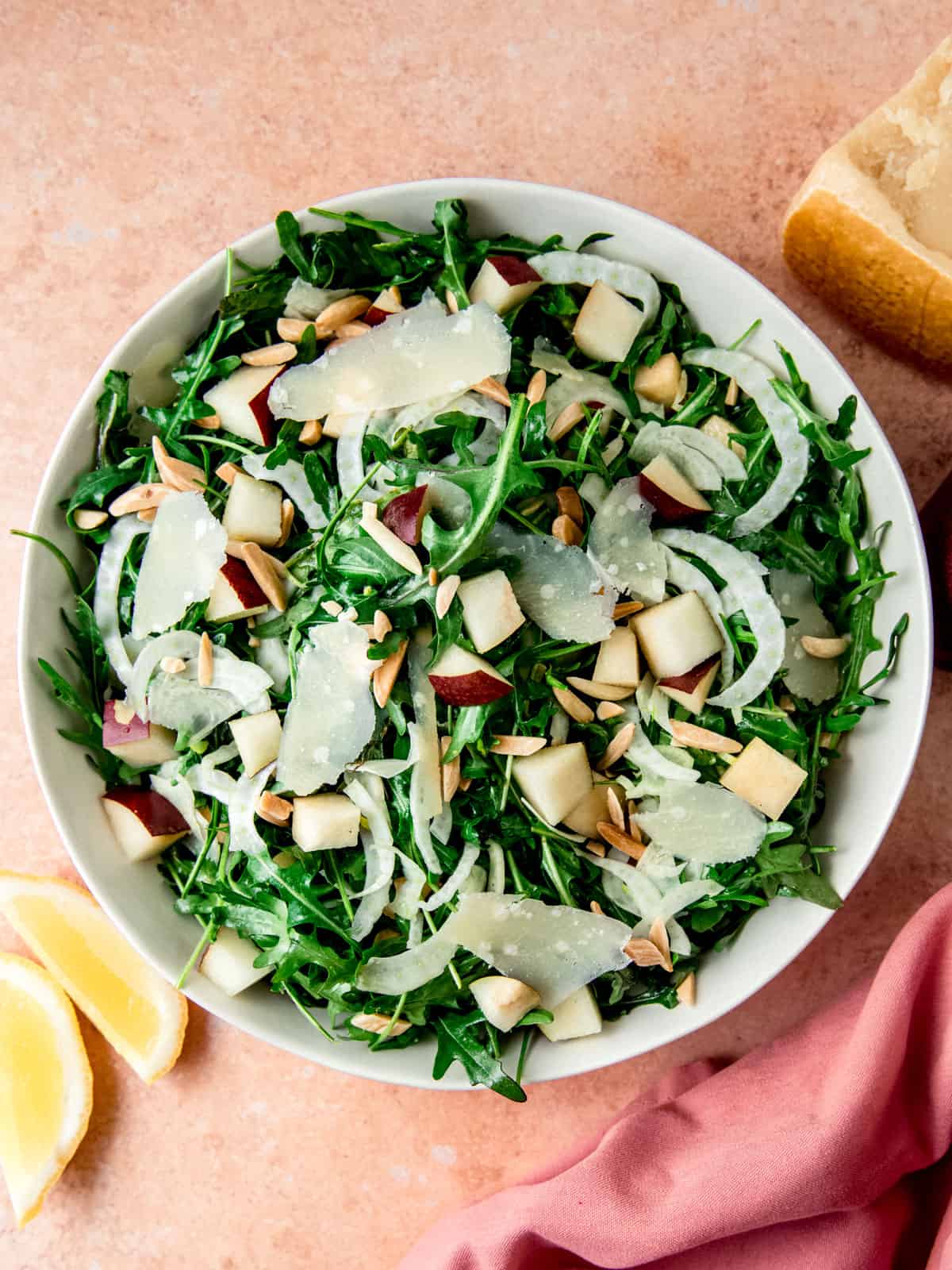 Arugula and pear salad with sliced fennel and shaved parmesan.