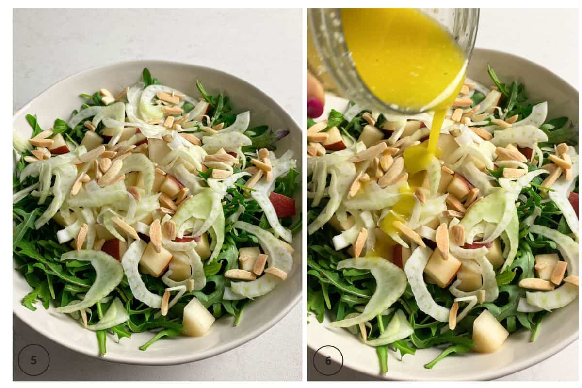 Assemble arugula salad and pour the parmesan dressing over the salad.