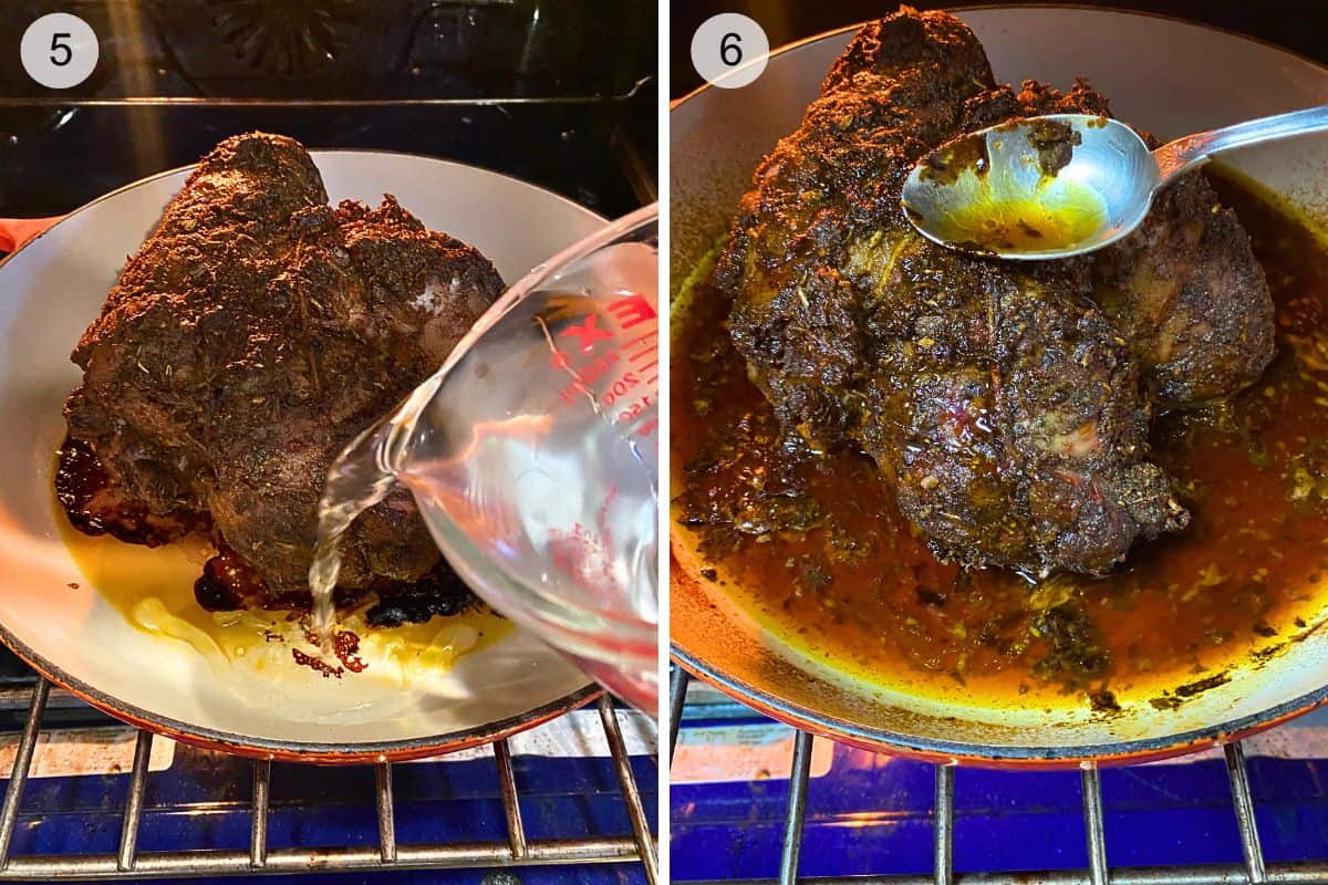 Add water to the lamb shawarma and baste as it slowly cooks.