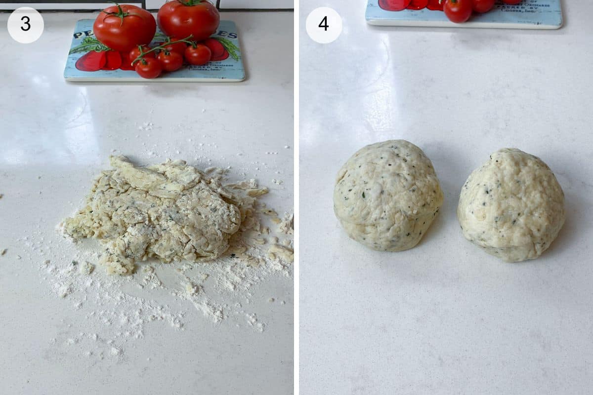 Mix the dough until a ball forms, then cut in half.