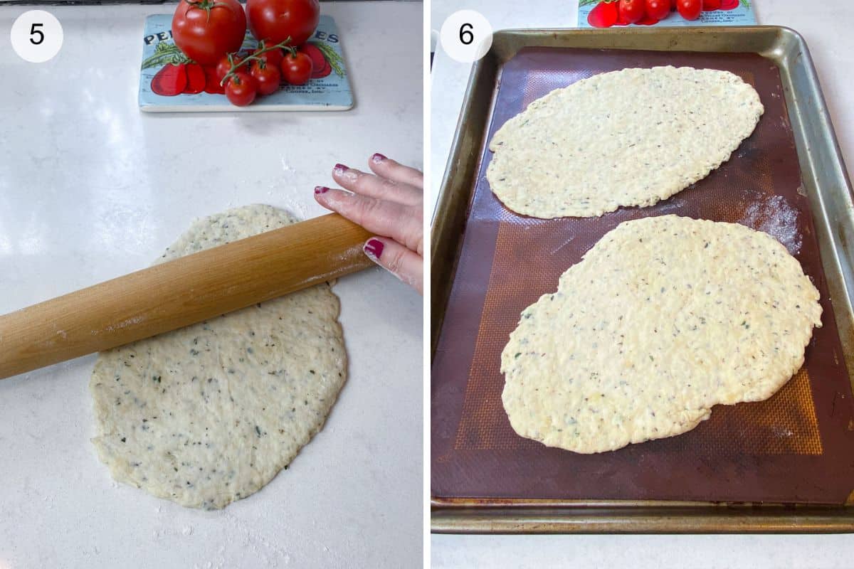 Roll the dough into a 10 inch oval and place on lined baking sheet.