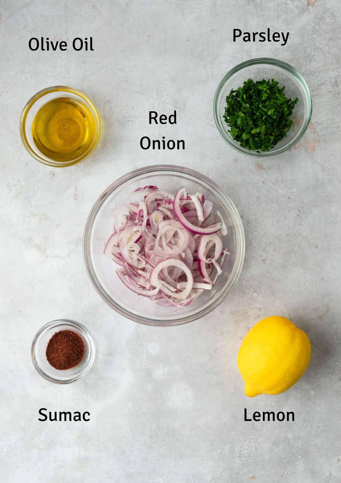 Ingredients for Turkish sumac onion salad.
