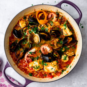 Easy French seafood stew with shrimp, mussels, clams and halibut.