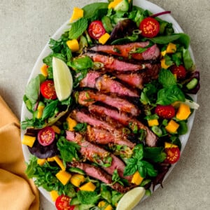 Thai beef salad with cucumbers, mint and mango.