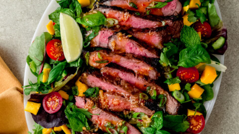 Thai beef salad with cucumbers, mint and mango.