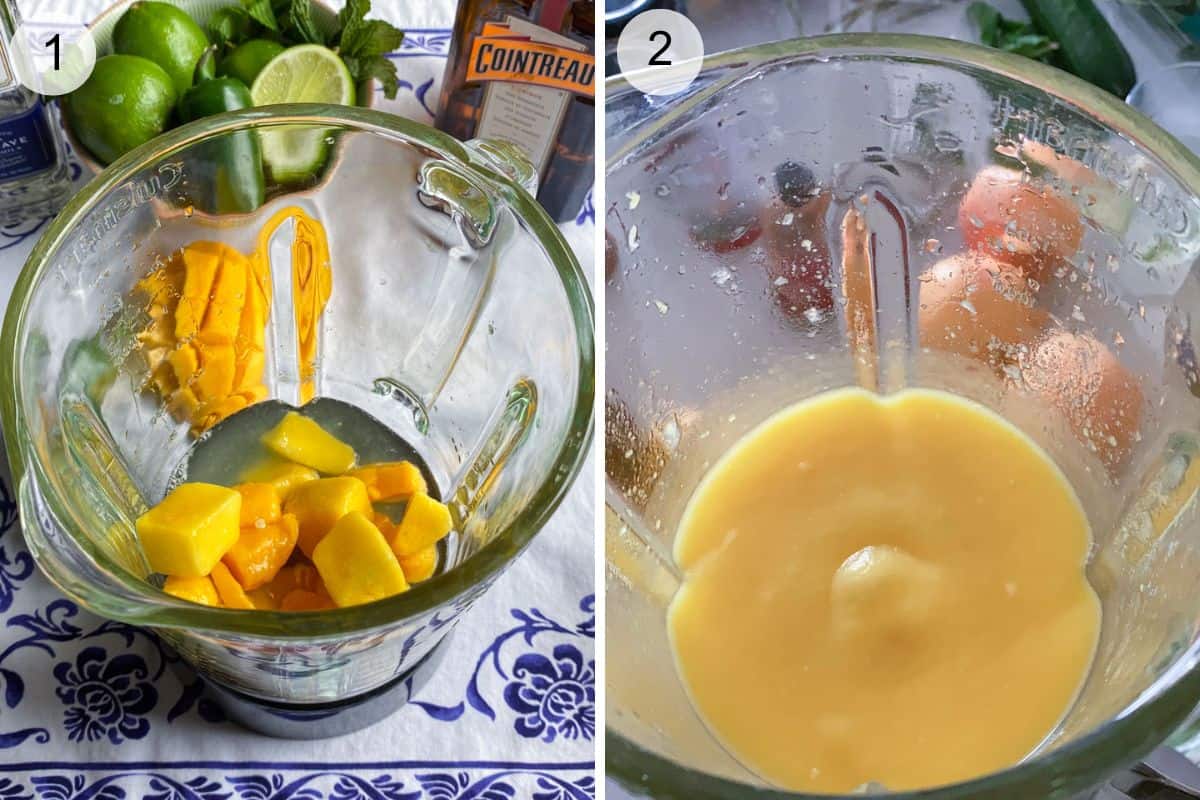 Add the mango margarita ingredients to a blender and blend until smooth.