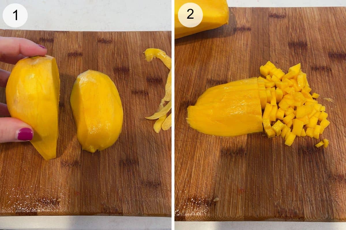 Cut a mango easily by peeling the mango, cutting the cheek of the mango off then into slices, then cubes.