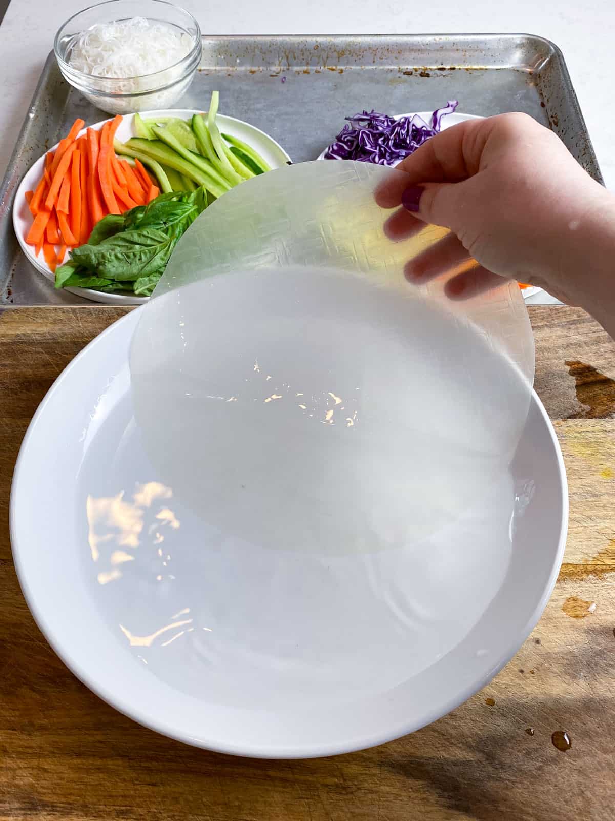 Dip the rice paper into a bowl of warm water to soften.