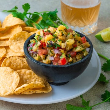 Grilled pineapple pico de gallo with tortilla chips.