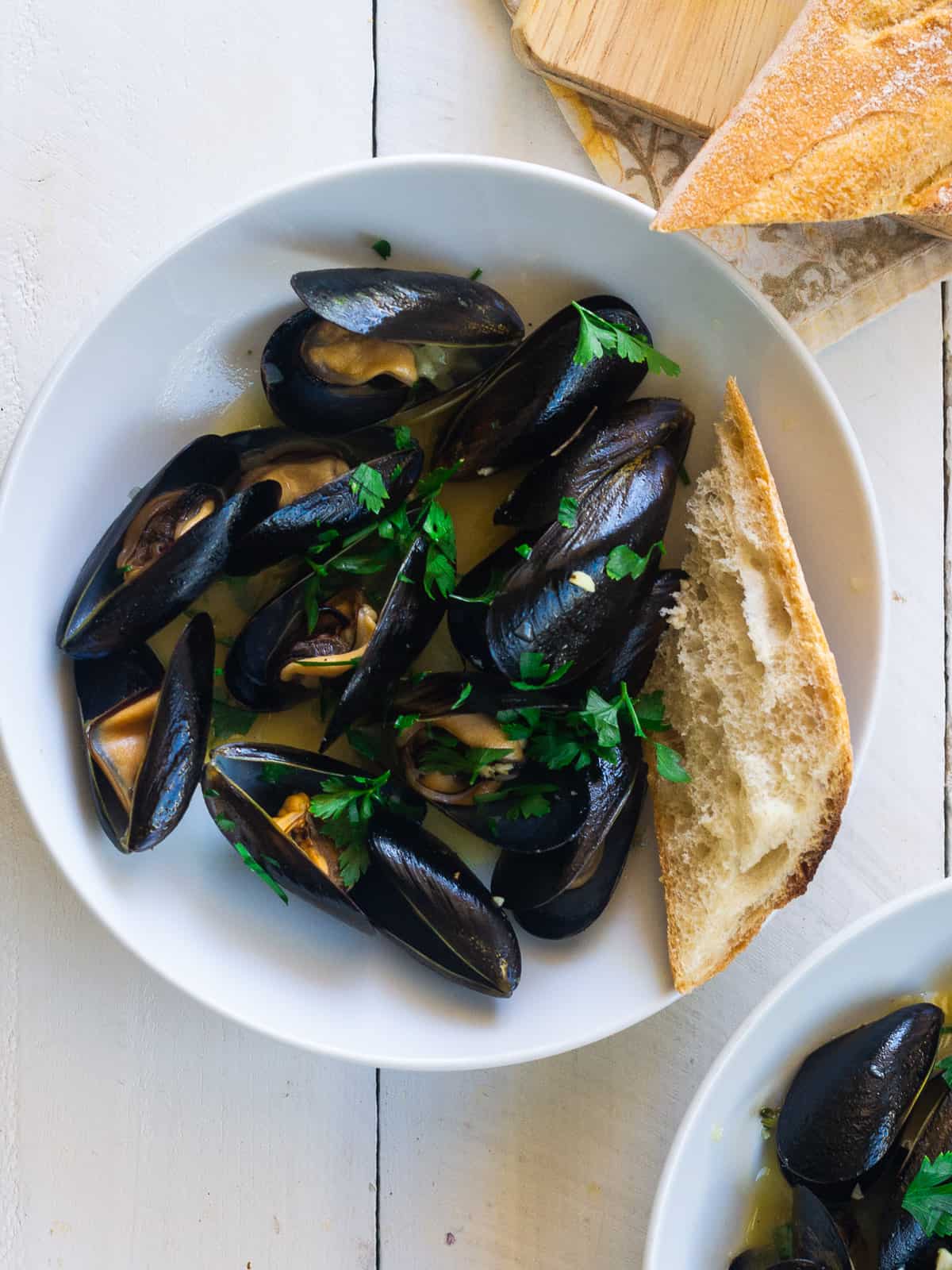 French style mussels steamed with butter and herbs.