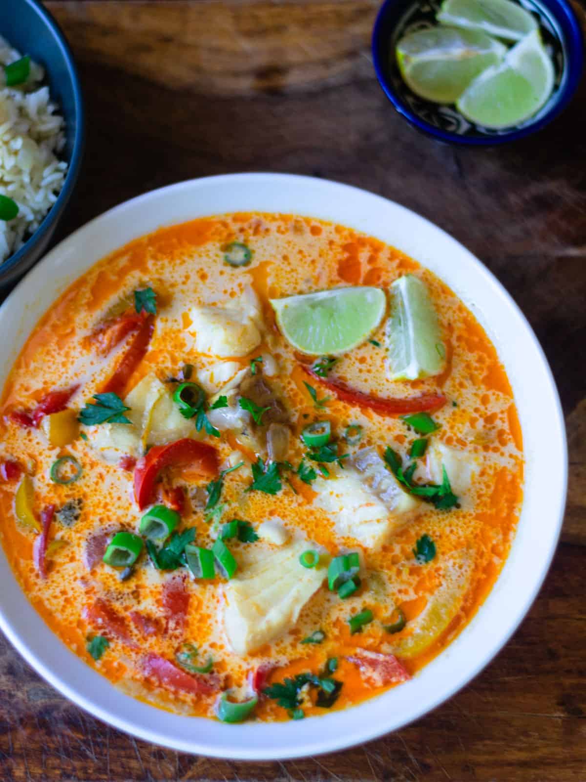Brazilian fish stew, called moqueca is full of firm white fish that simmers in a coconut and tomato stew.