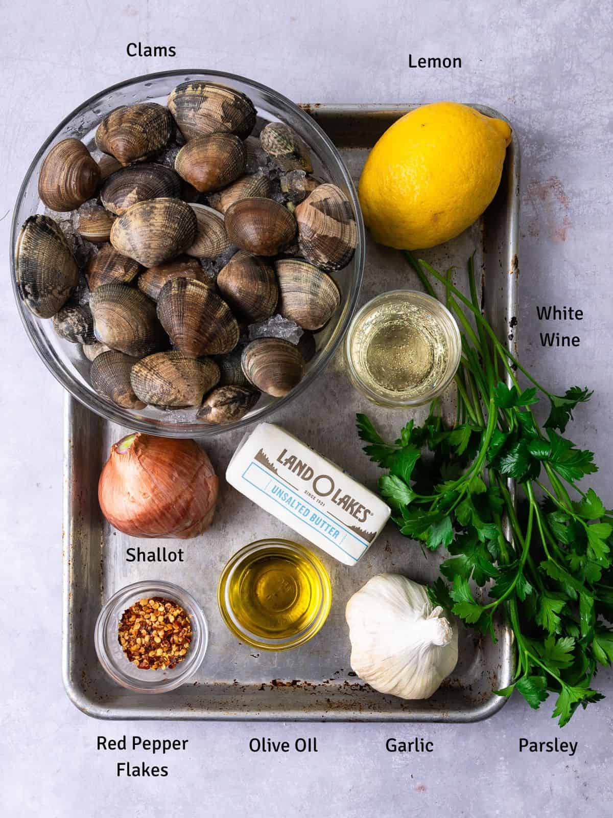 Ingredients for steamed clams in white wine, including shallot, garlic and butter.