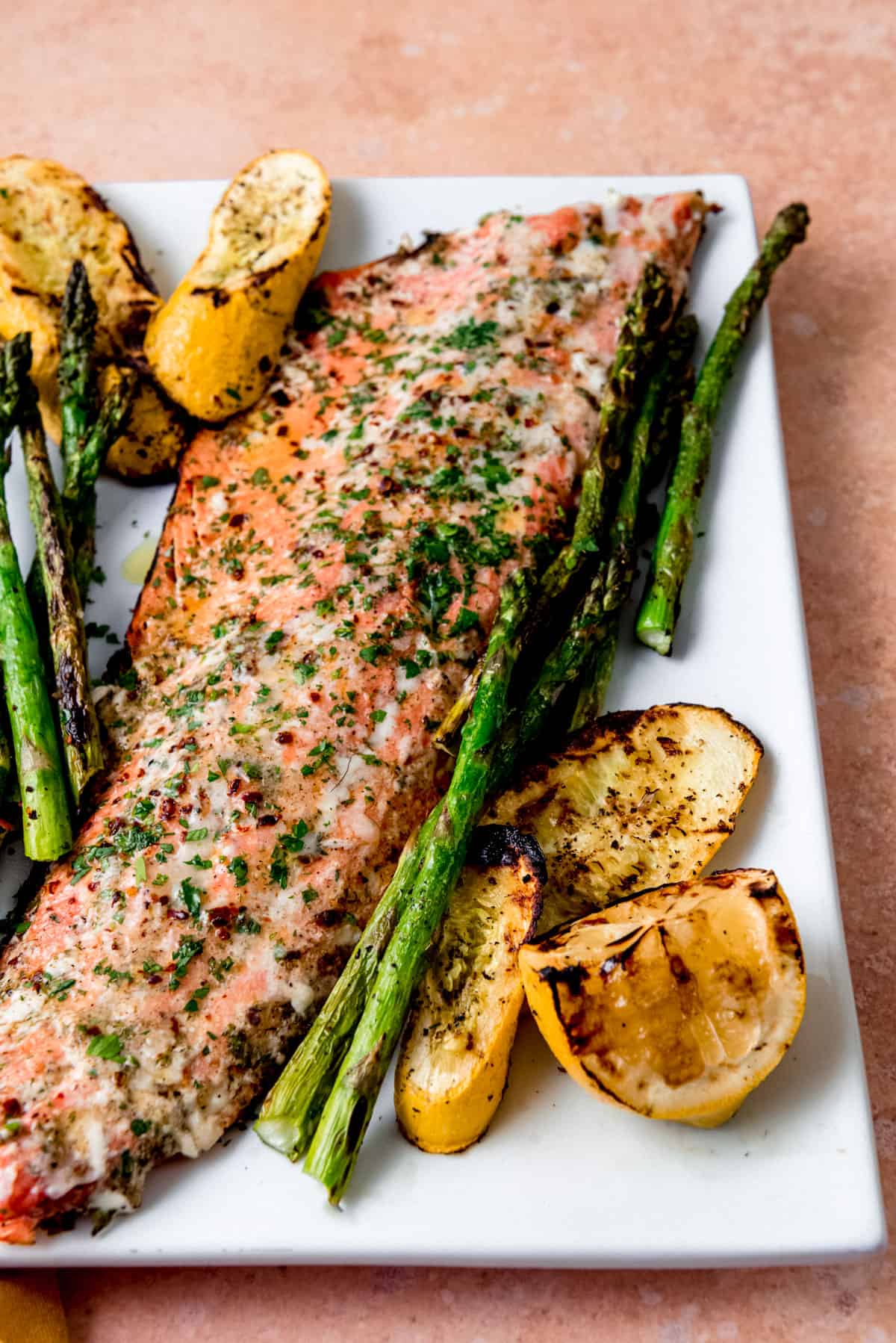 Grilled sockeye salmon with grilled vegetables.