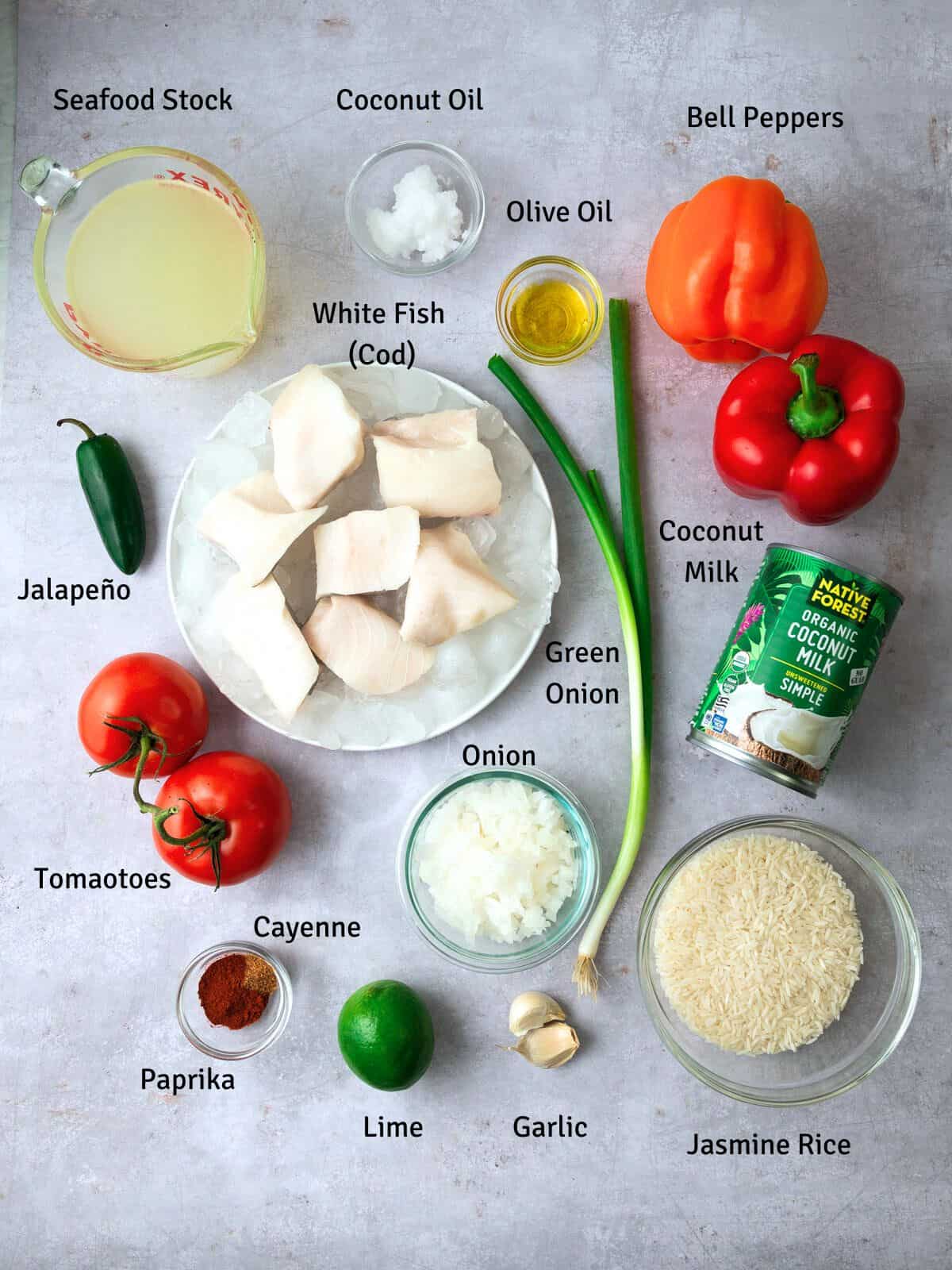 Ingredients for moqueca, Brazilian fish stew with coconut milk, lime and green onion.