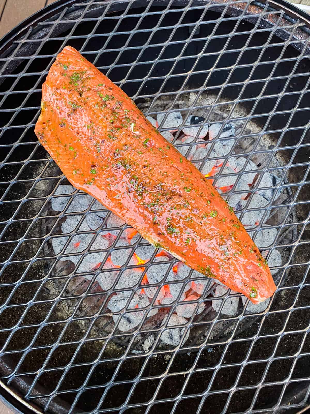 Place the sockeye salmon filet on the hot grill.