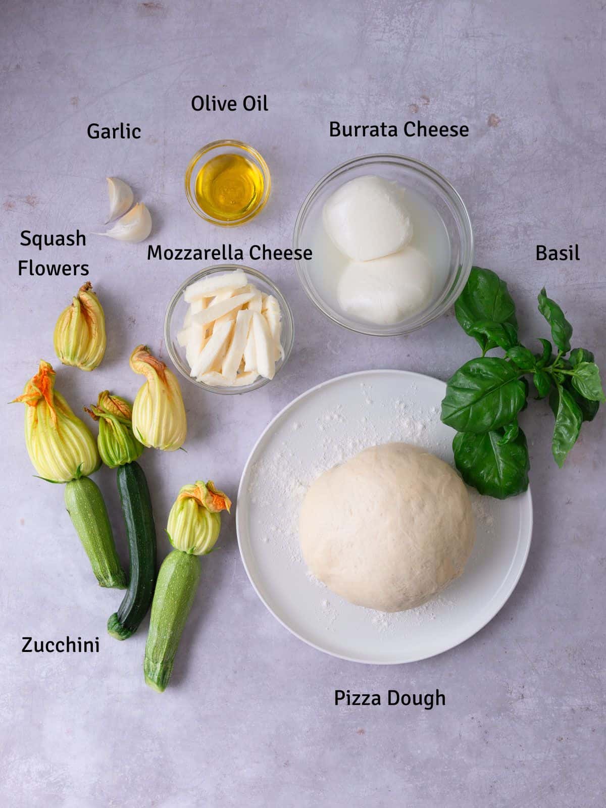 Ingredients for squash blossom pizza.