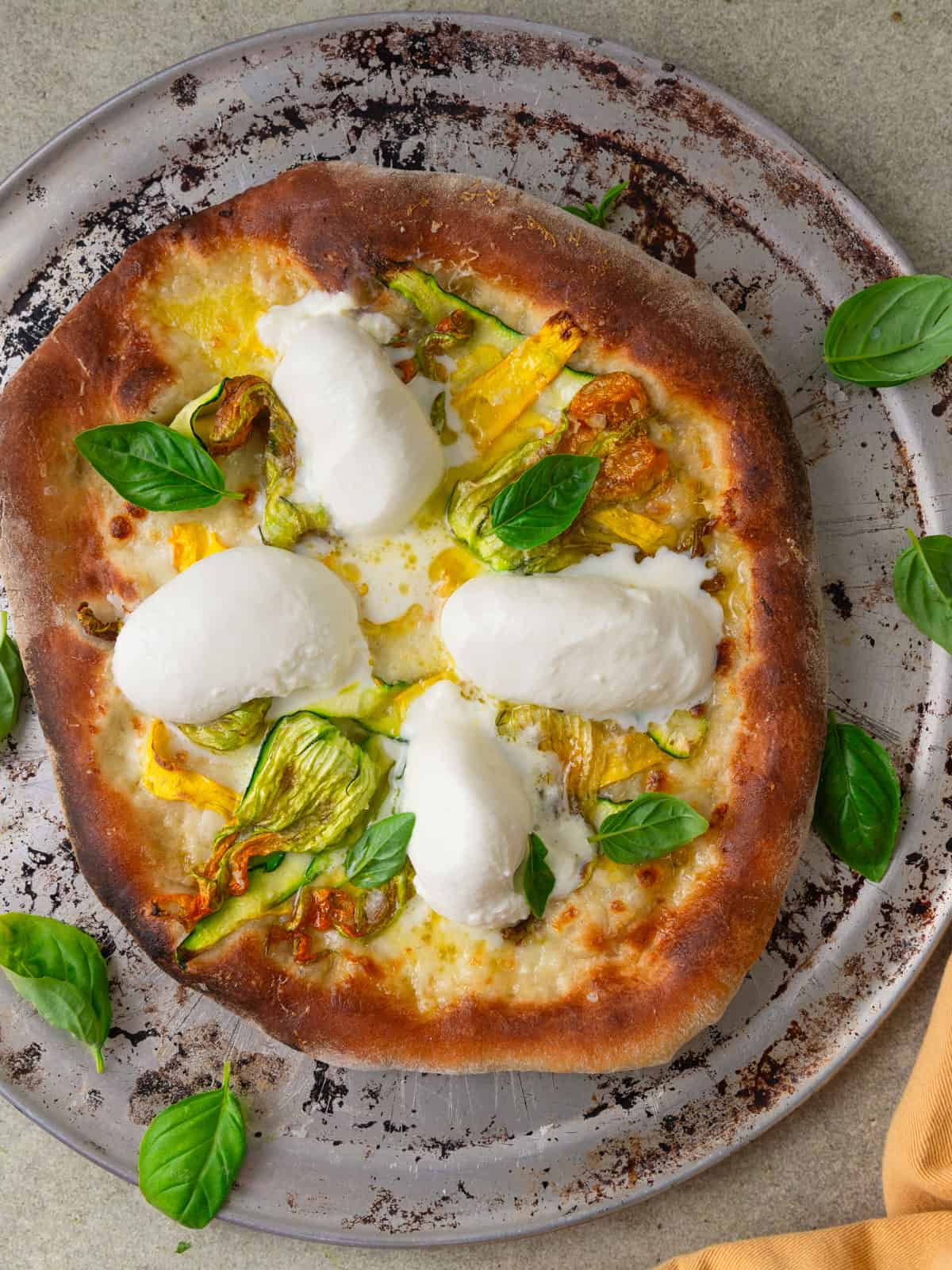 Zucchini flower pizza topped with burrata and fresh basil leaves.