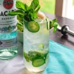 Recipe for sweet and refreshing lychee mojito with cucumber and mint.