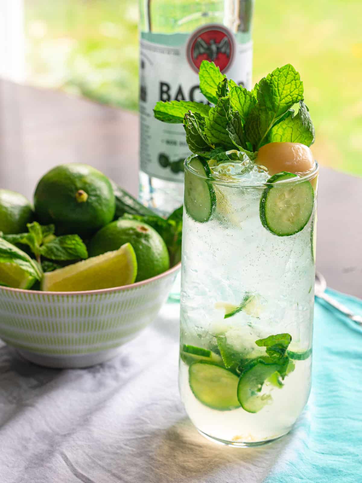 Lychee mojito with fresh cucumber and bright lime juice.