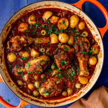 Spanish inspired chicken stew with olives and potatoes.