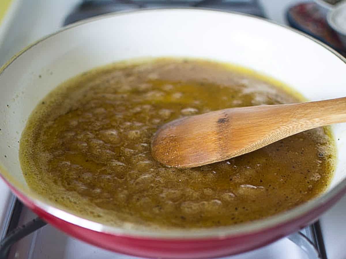 Melt the butter and sugars together until sugar has dissolved and slightly darkened.