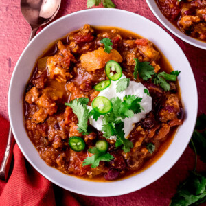 Savory pumpkin chili with pumpkin beer, beans and ground beef.