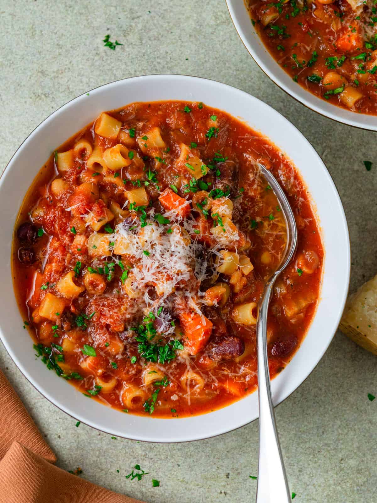Vegetarian pasta fagioli recipe with beans, vegetables and parmesan.