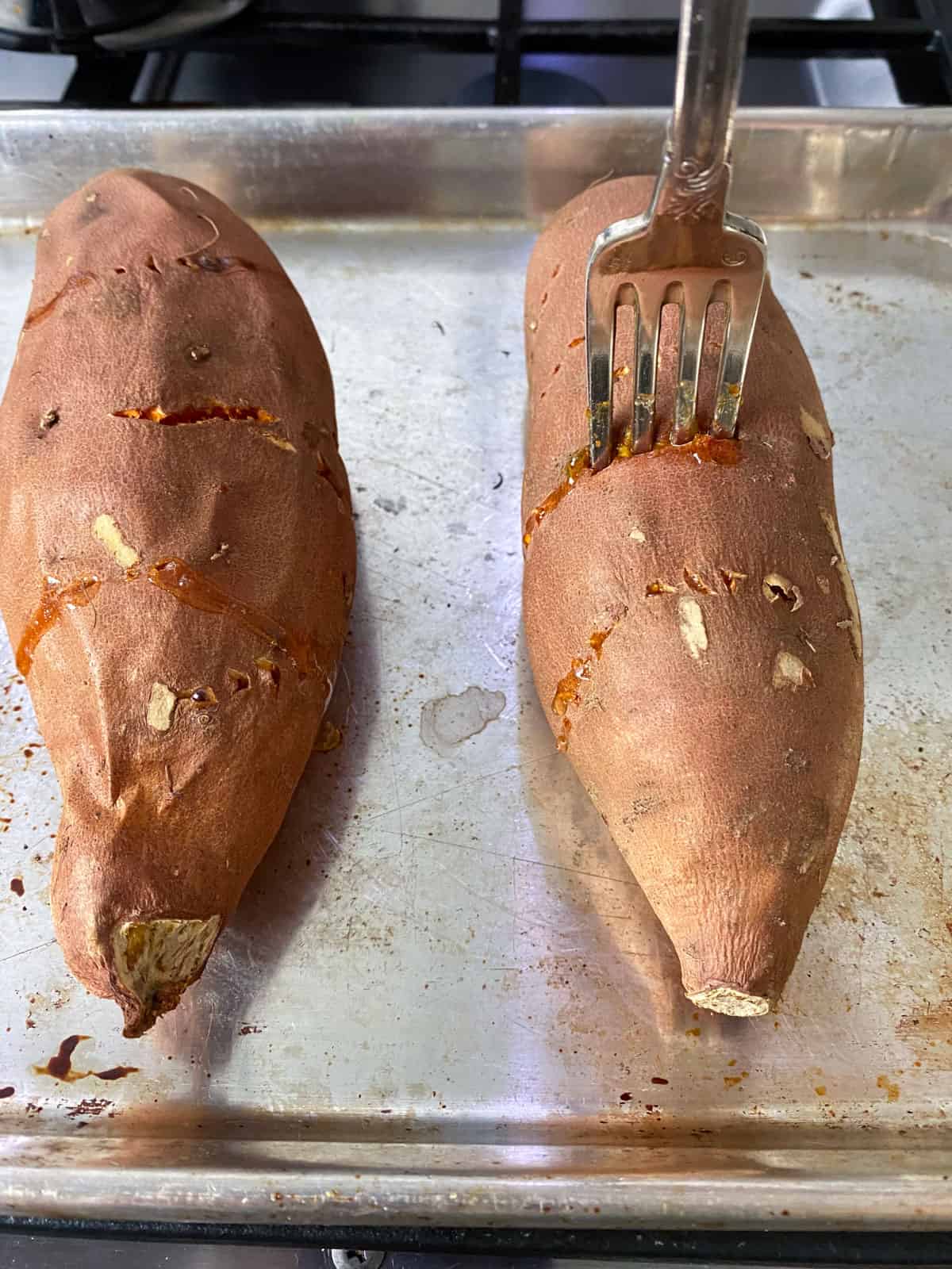 Bake the sweet potatoes until cooked through and they can be easily pierced with a fork.