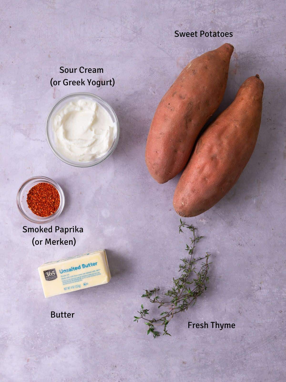 Ingredients for savory mashed sweet potatoes, including smoked paprika, yogurt, butter and thyme.