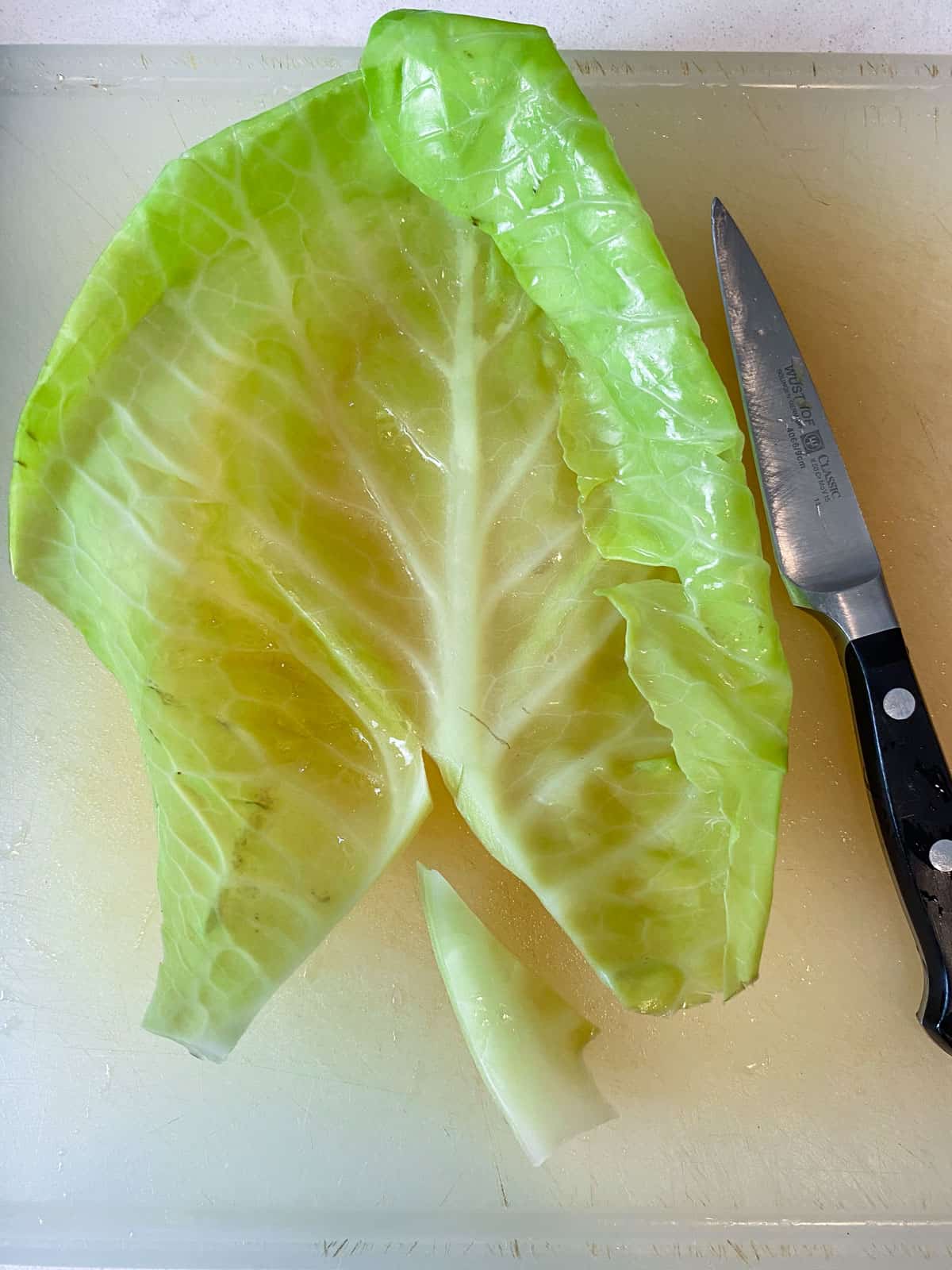 Use a paring knife to remove the thick stem from the cabbage leaf.