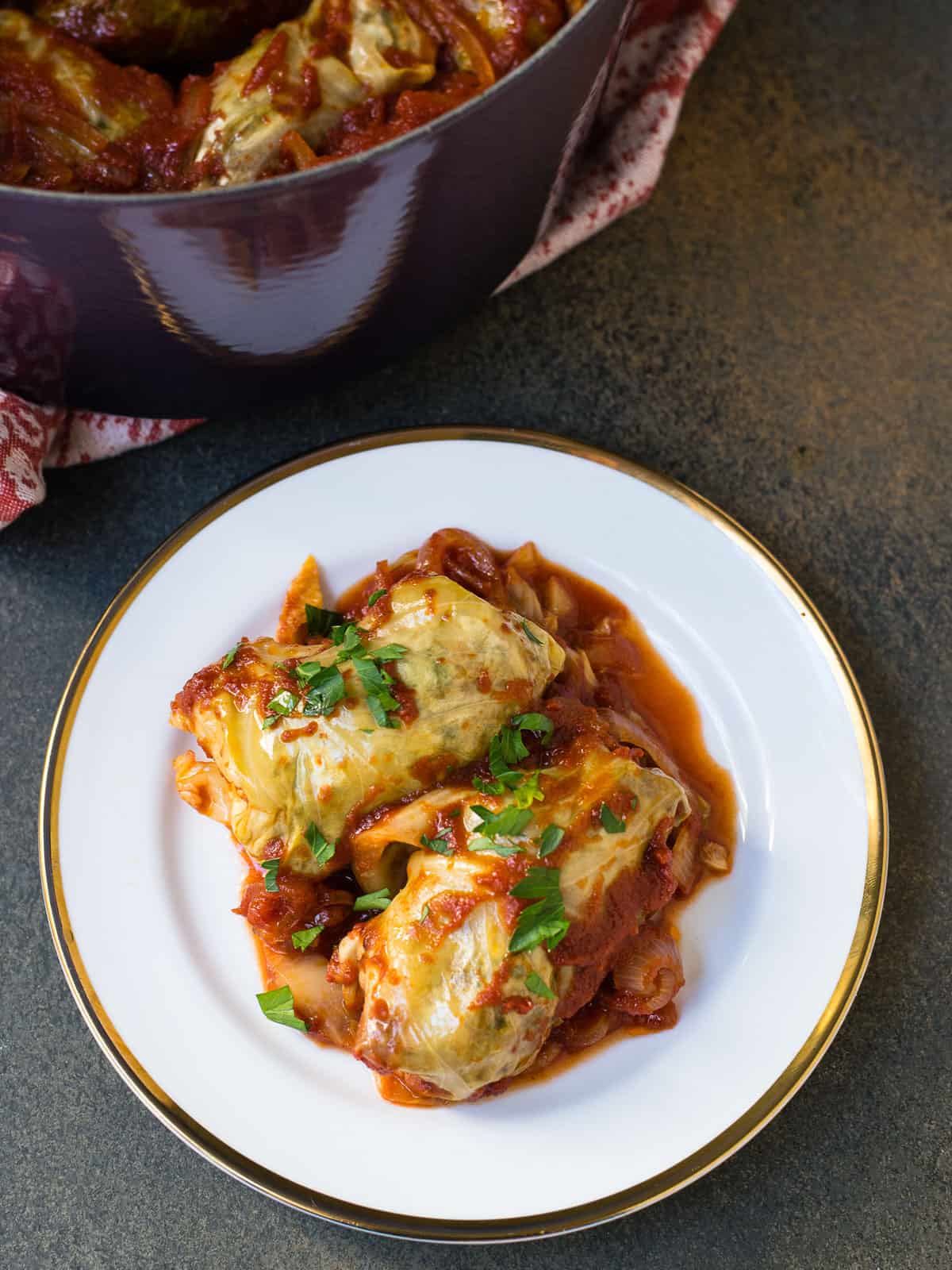 Beef stuffed cabbage rolls in a sweet and sour tomato sauce.
