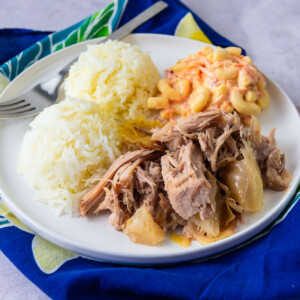 Hawaiian plate lunch with kalua pork, rice and mac salad.